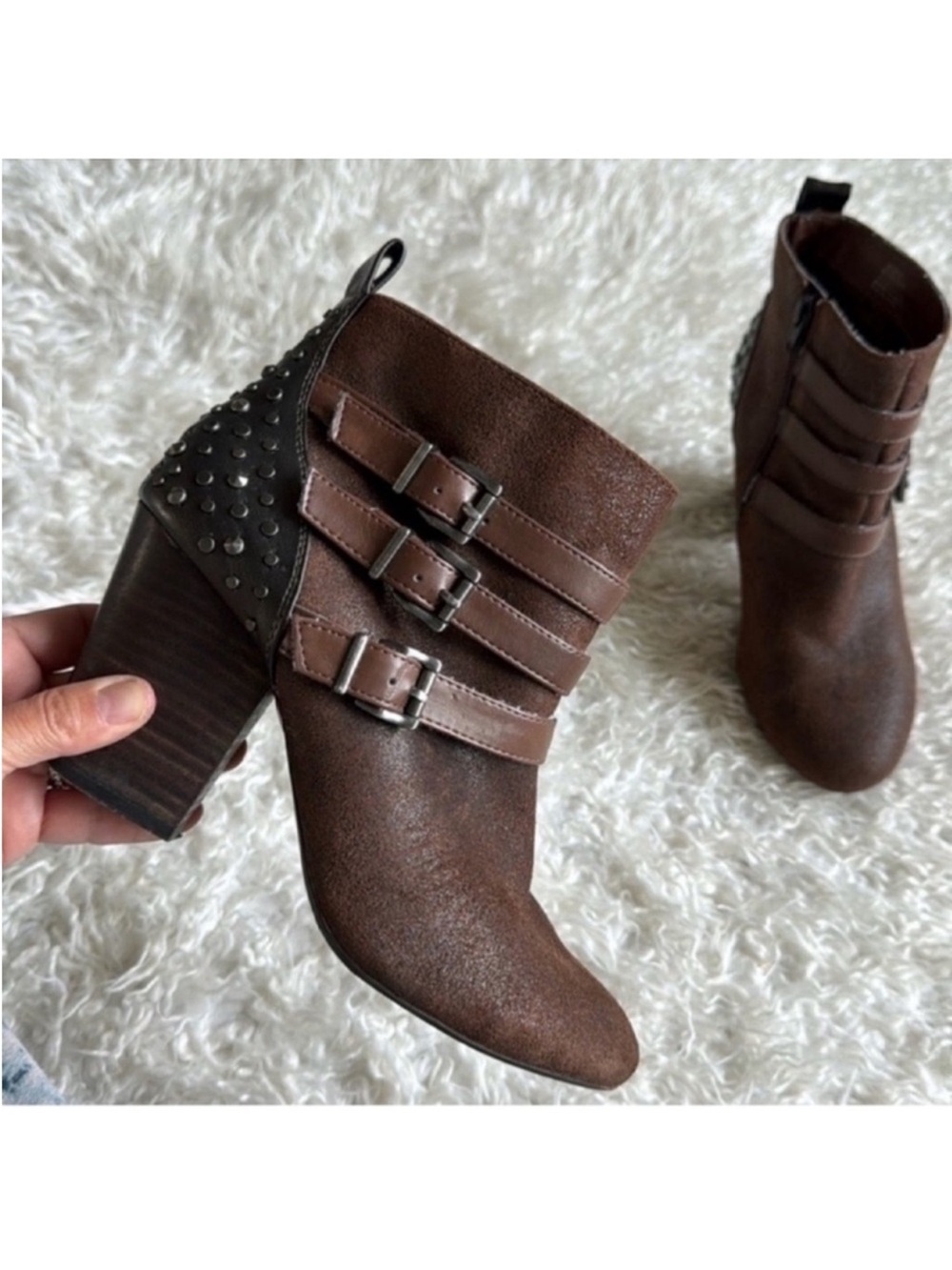 Jessica Simpson Leather Upper Heeled Ankle Boots/Booties Sz 8.5 Studs Brown Gray
